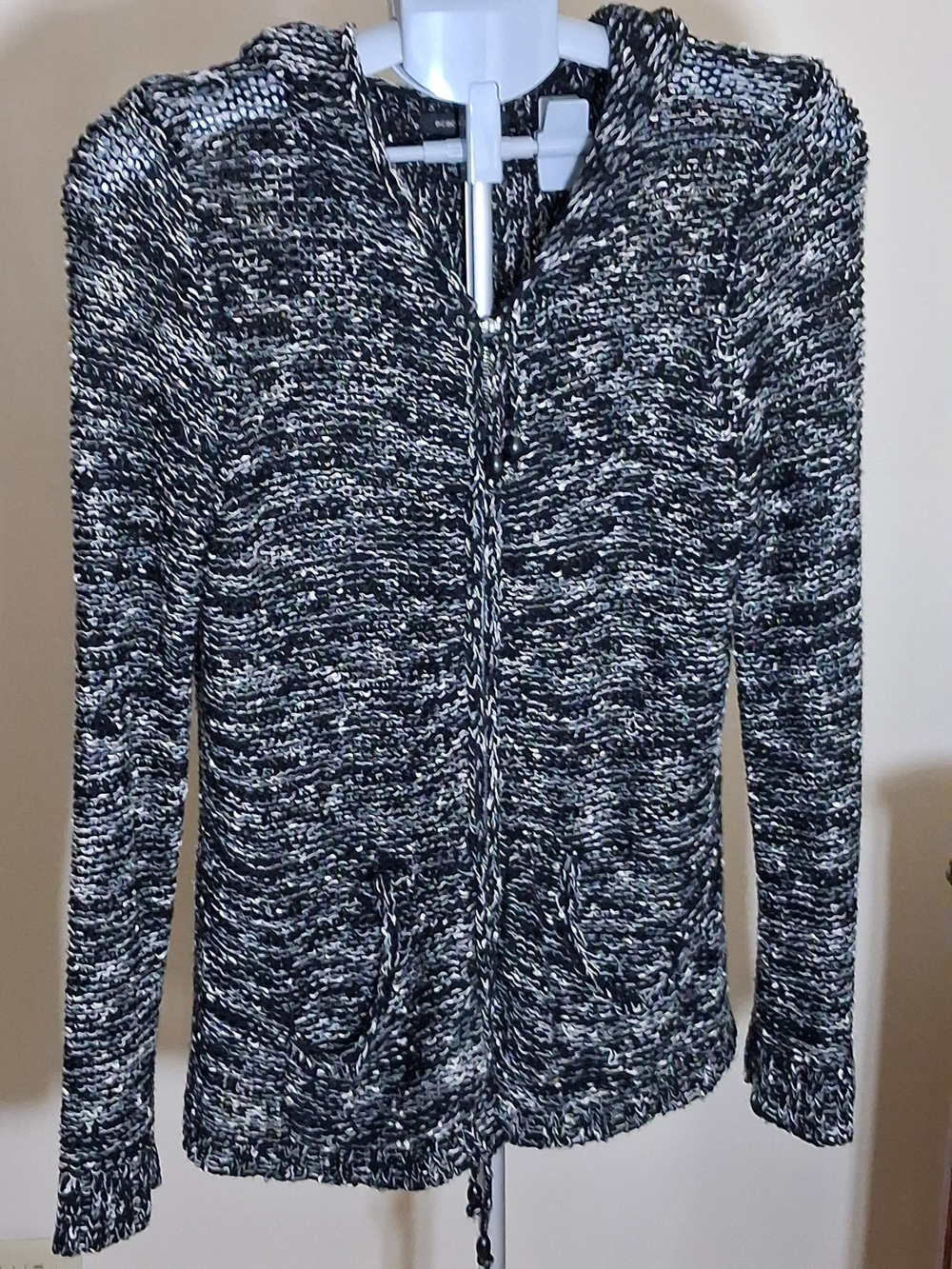 BCBGMaxAzria Black and White Marbled Zip Hoodie Sweater